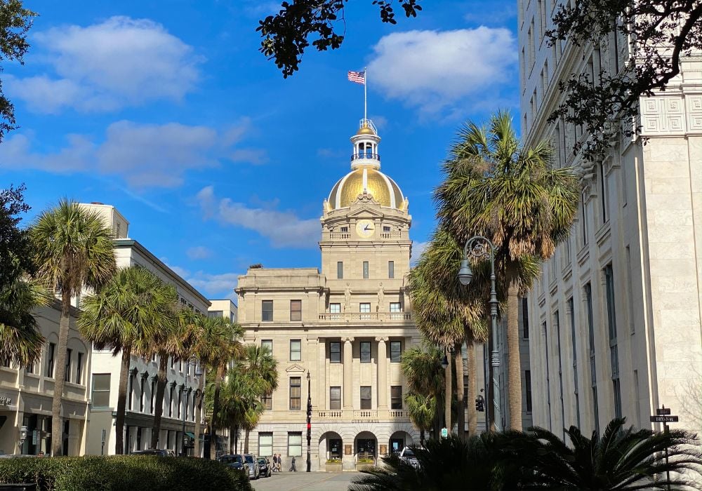 Savannah, Georgia, City Hall and municipal buildings on a sunny day