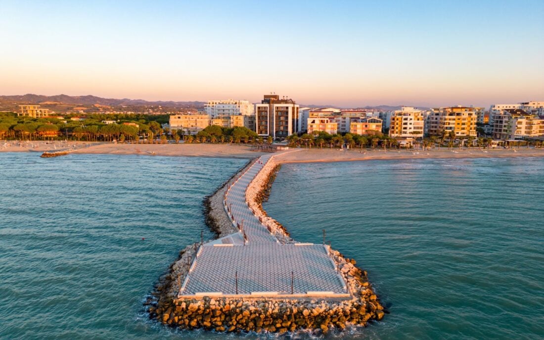 Albanian sea beach promenade in Durres from above.
