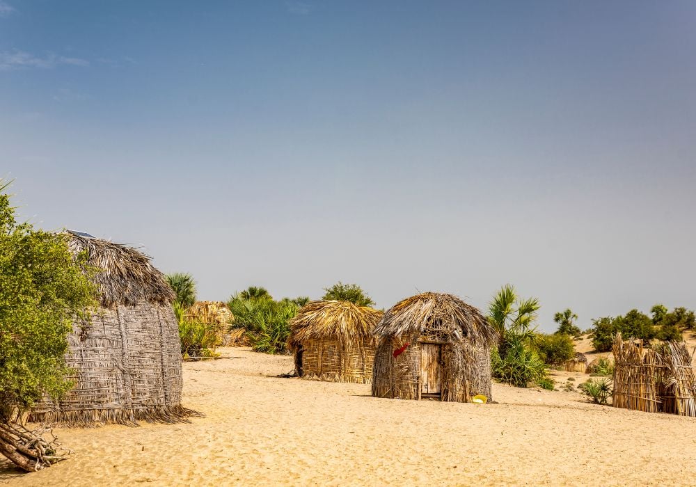 Village of traditional round bomas of semi-nomadic Turkana people on shores of Lake Turkana, Kenya.