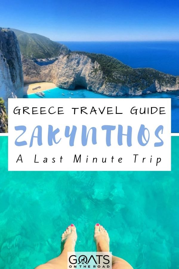 turquoise water in Zakynthos Greece with text overlay