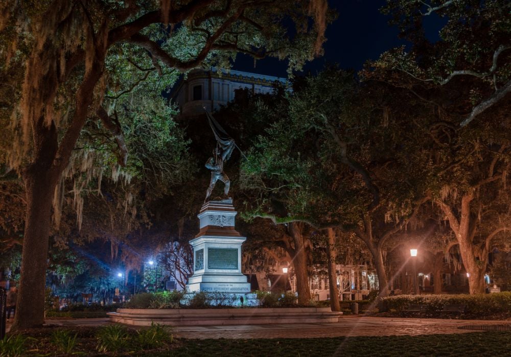 Sergeant William Jasper's Monument in Madison Square at night in Savannah, Georgia, USA.
