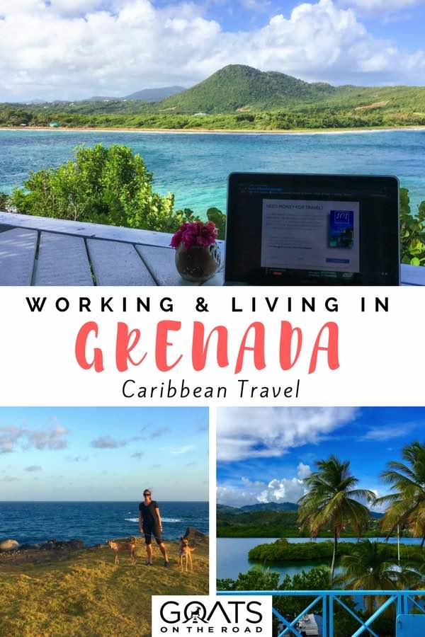 Laptop and Seaview with text overlay working & living in Grenada Caribbean Travel